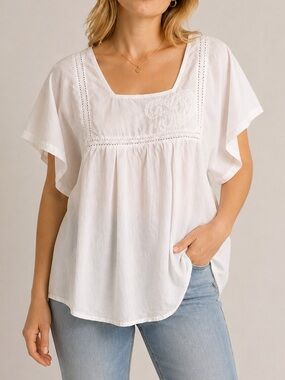 People Tree White 100% Cotton Embroidered Boho Blouse Size 6 Flutter Sleeve